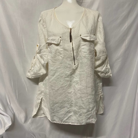 Company Ellen Tracy Blouse Size L 100% Linen Boho Hi Lo - Picture 1 of 11